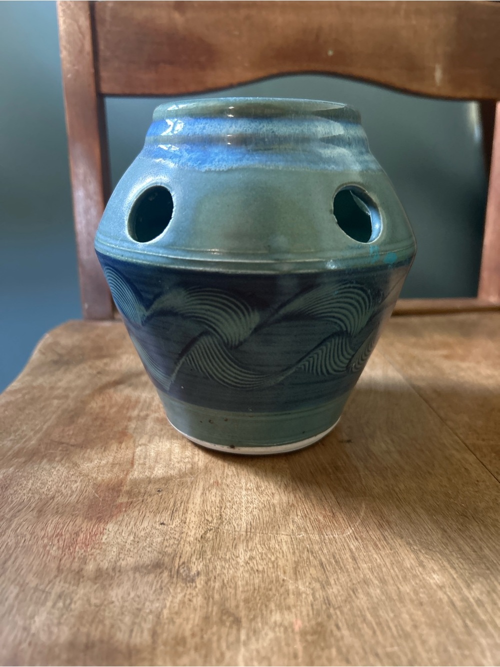 Handcrafted Blue Ceramic Vase with Wave Motif